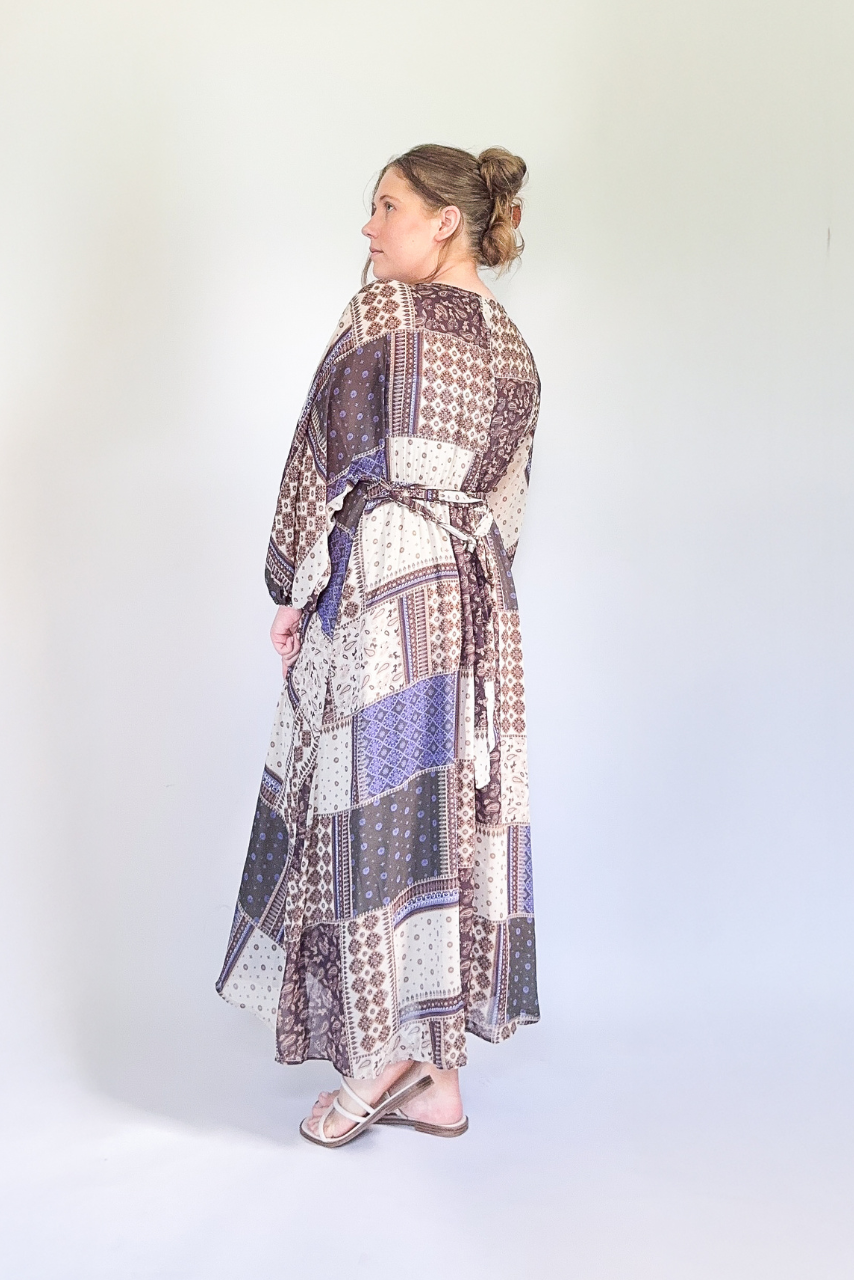 Tessa Patchwork Midi Dress - Brown