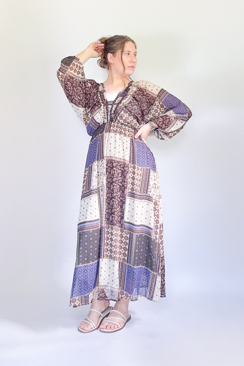 Tessa Patchwork Midi Dress - Brown