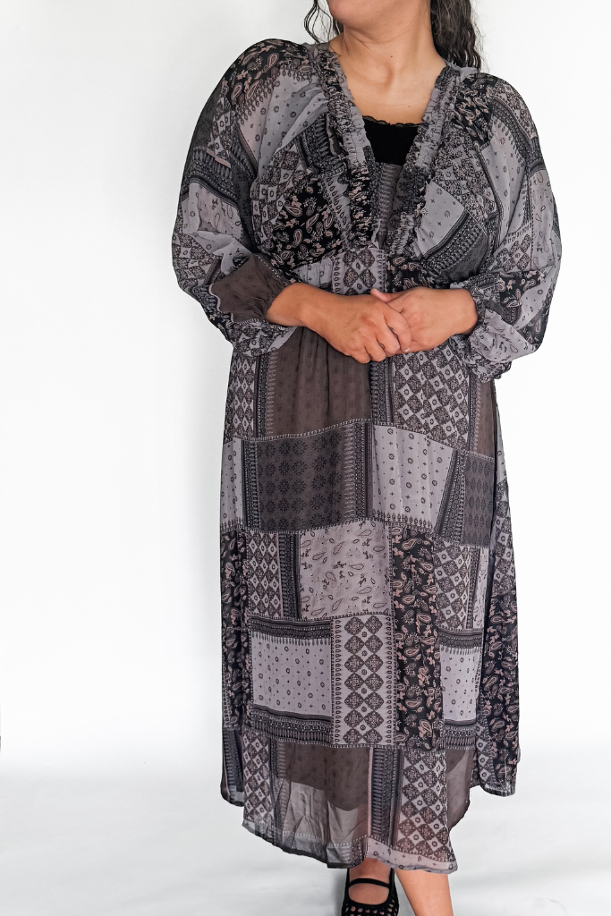 Tessa Patchwork Midi Dress - Charcoal
