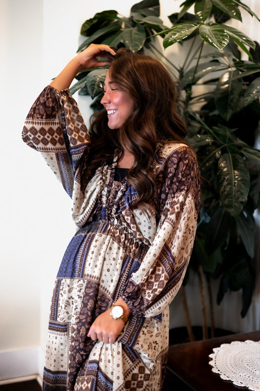 Tessa Patchwork Midi Dress - Brown