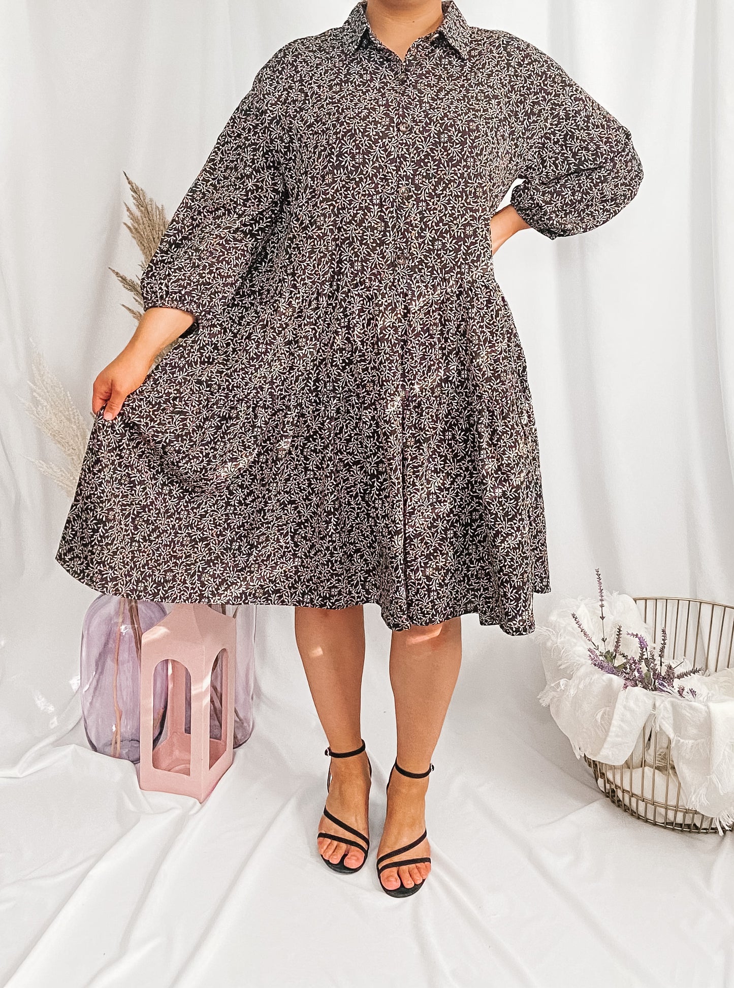 Hannah Button Down Midi Dress - Black