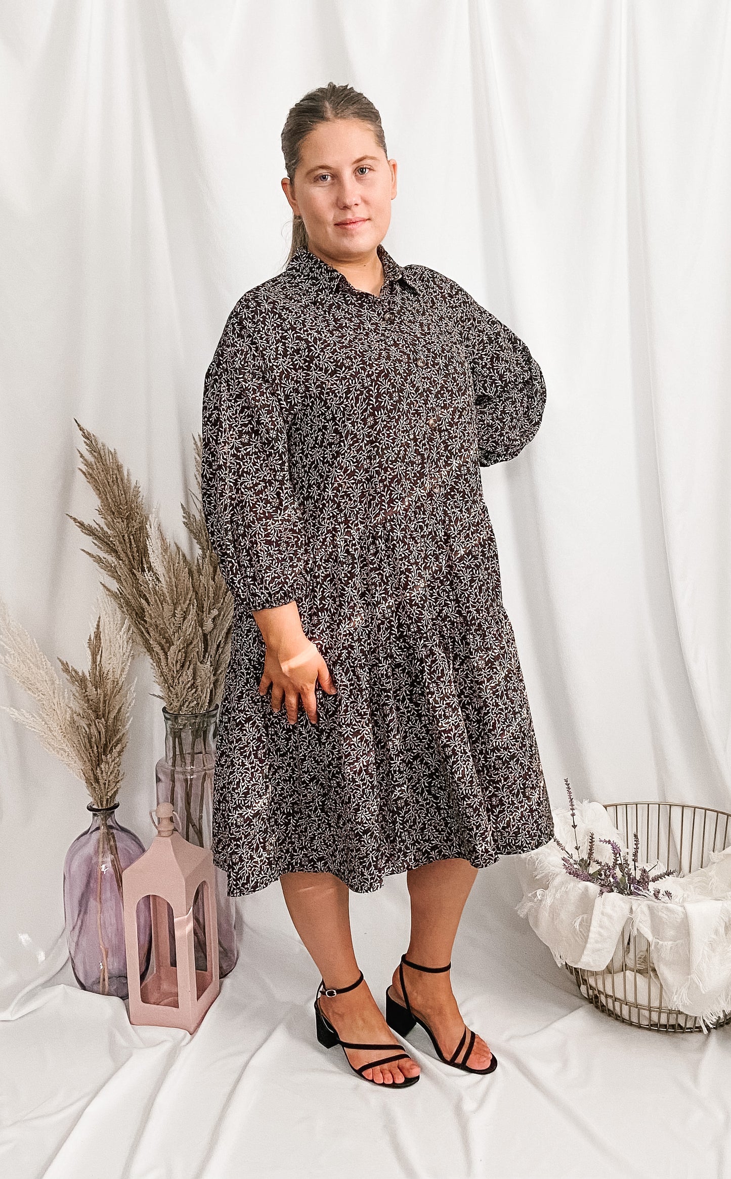 Hannah Button Down Midi Dress - Black