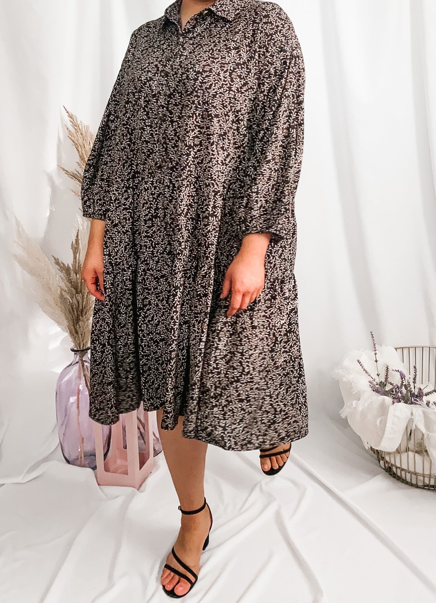 Hannah Button Down Midi Dress - Black