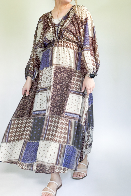 Tessa Patchwork Midi Dress - Brown