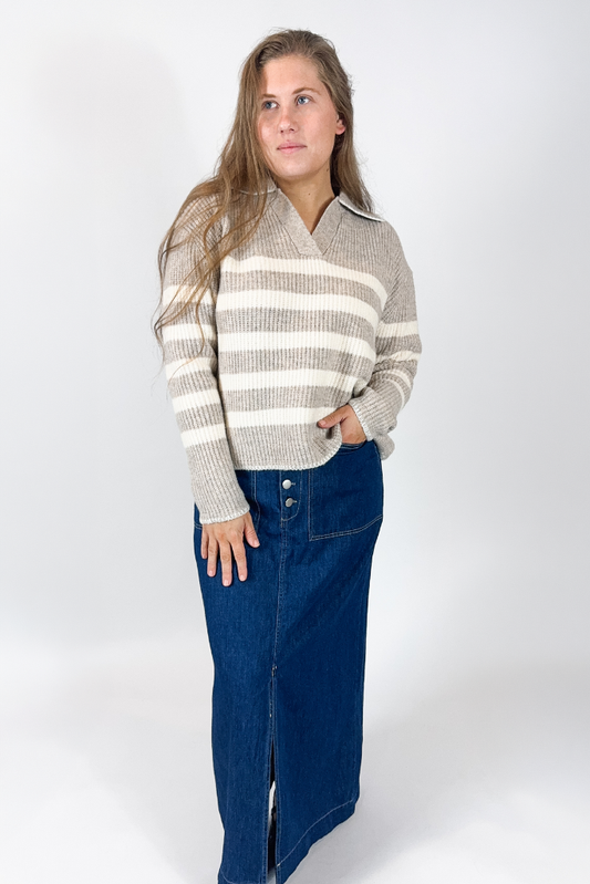 Amelia Collard Knit Sweater - Cream/Beige