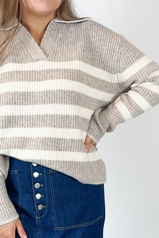 Amelia Collard Knit Sweater - Cream/Beige