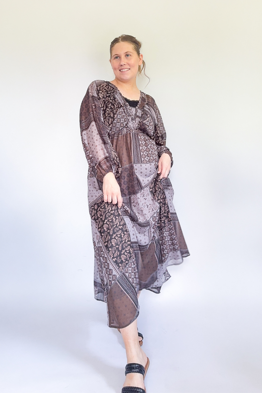 Tessa Patchwork Midi Dress - Charcoal