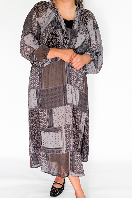 Tessa Patchwork Midi Dress - Charcoal