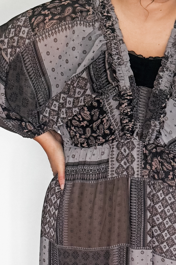 Tessa Patchwork Midi Dress - Charcoal