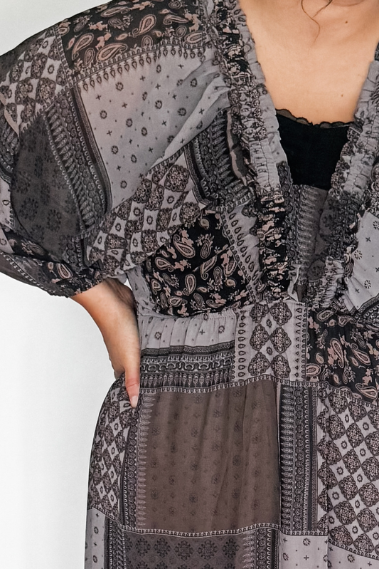 Tessa Patchwork Midi Dress - Charcoal